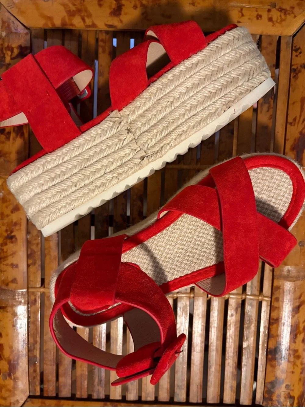 Red Platform Espadrille Sandals - Women's Suede Strappy Wedge